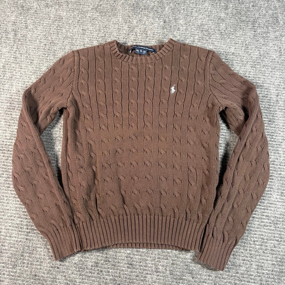 Vtg Ralph Lauren Sport Cable Knit Sweater Womens M Brown Excellent Cotton Crew